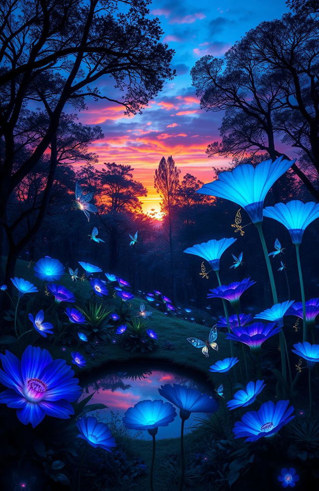 A dramatic landscape of a fantasy forest at twilight, filled with luminous bioluminescent plants and vibrant, oversized flowers in various shades of blue and purple, reflecting a magical aura