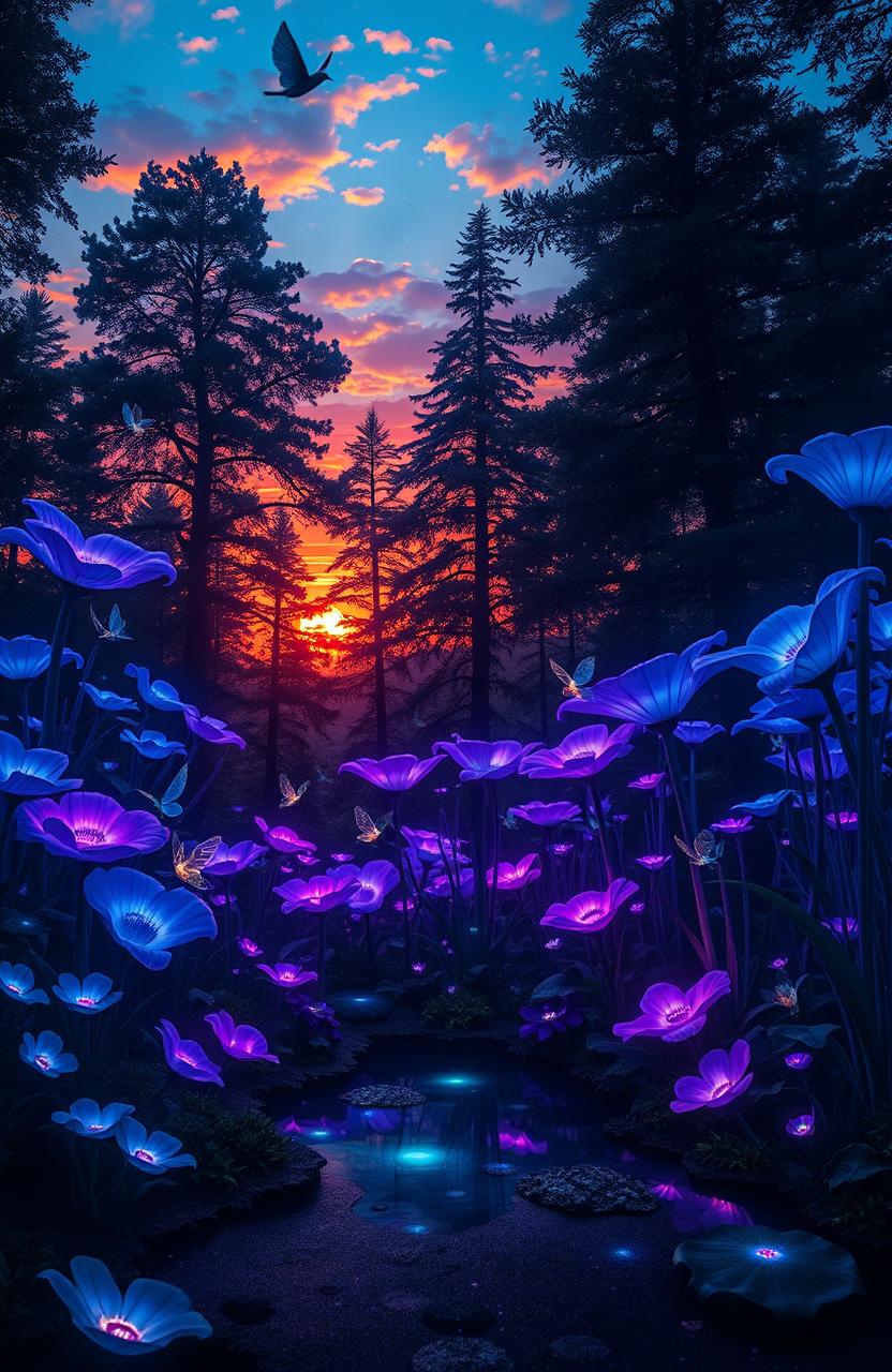 A dramatic landscape of a fantasy forest at twilight, filled with luminous bioluminescent plants and vibrant, oversized flowers in various shades of blue and purple, reflecting a magical aura