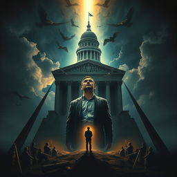 A powerful scene characterized by a triangular composition that features an imposing courthouse, symbolizing authority, and the heavy weight of a father's demands, creating a deep atmosphere of dilemma and heartbreak