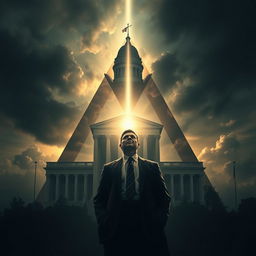 A powerful scene characterized by a triangular composition that features an imposing courthouse, symbolizing authority, and the heavy weight of a father's demands, creating a deep atmosphere of dilemma and heartbreak