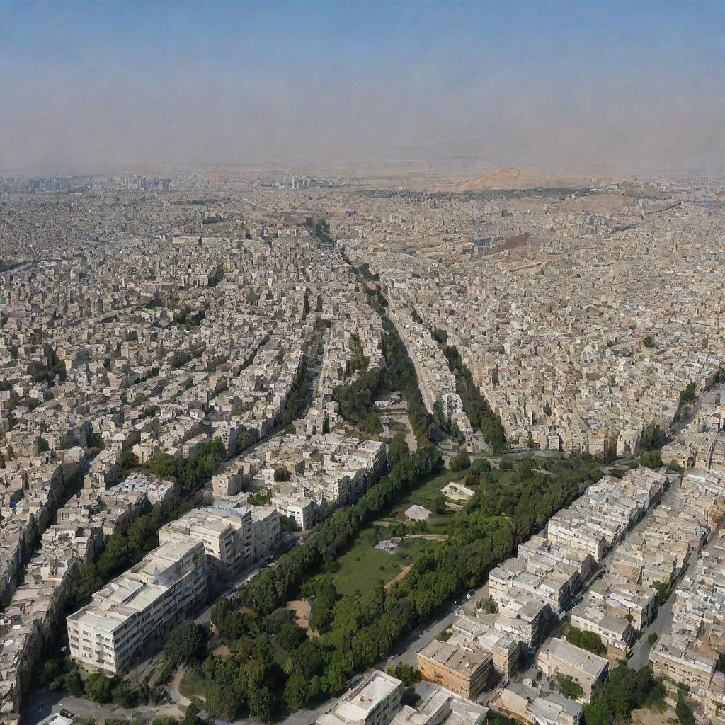 A panoramic view of Tehran, the capital of Iran, with its characteristic Persian architecture and bustling city life, without any reference to specific religions.