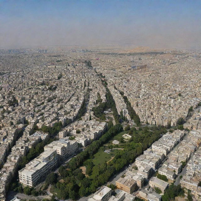 A panoramic view of Tehran, the capital of Iran, with its characteristic Persian architecture and bustling city life, without any reference to specific religions.