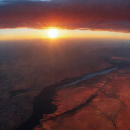 A stunning panorama of Earth with a setting sun, painting the sky and land with fiery hues. The last beams of sunlight cast long shadows, hinting at the transient beauty of our planet.