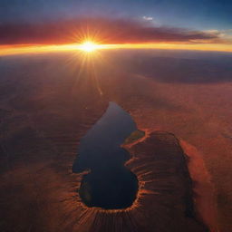 A stunning panorama of Earth with a setting sun, painting the sky and land with fiery hues. The last beams of sunlight cast long shadows, hinting at the transient beauty of our planet.