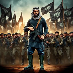 Create a dramatic poster depicting Thomas Orlando Garcia, the leader of Fatah Al Mujahideen, wearing a black and white keffiyeh, a short black thawb, blue pants, and dark green rain boots