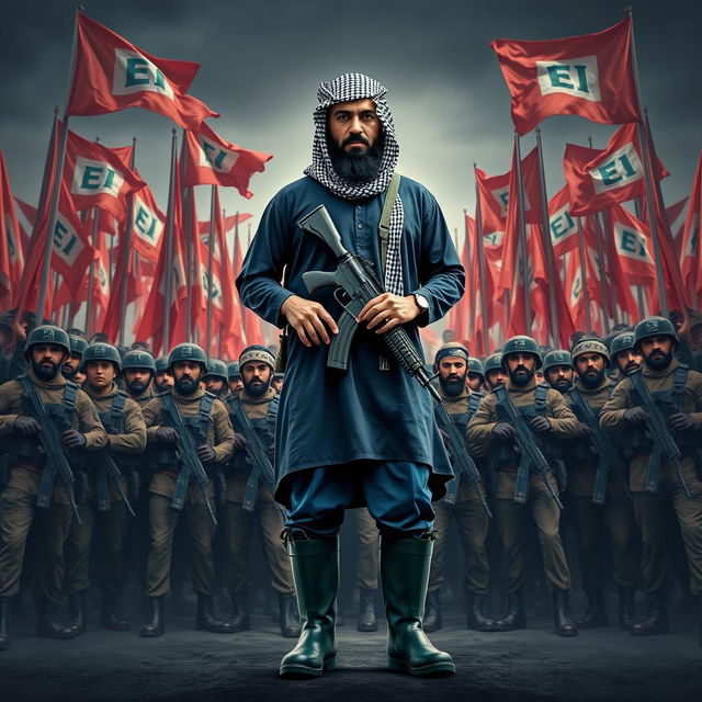 Create a dramatic poster depicting Thomas Orlando Garcia, the leader of Fatah Al Mujahideen, wearing a black and white keffiyeh, a short black thawb, blue pants, and dark green rain boots