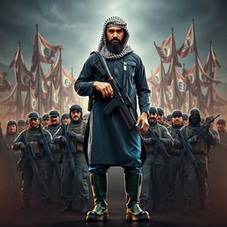 Create a dramatic poster depicting Thomas Orlando Garcia, the leader of Fatah Al Mujahideen, wearing a black and white keffiyeh, a short black thawb, blue pants, and dark green rain boots