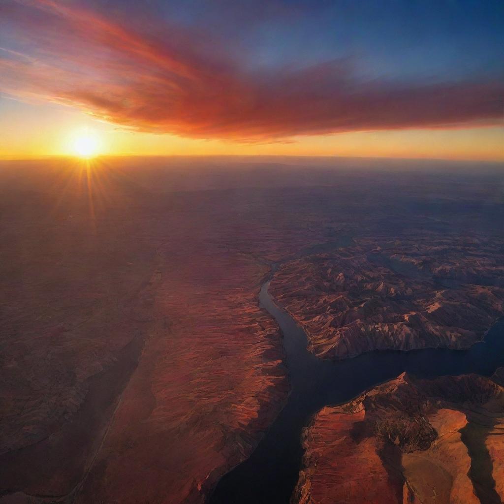 A stunning panorama of Earth with a setting sun, painting the sky and land with fiery hues. The last beams of sunlight cast long shadows, hinting at the transient beauty of our planet.