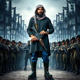 Create a dramatic poster depicting Thomas Orlando Garcia, the leader of Fatah Al Mujahideen, wearing a black and white keffiyeh, a short black thawb, blue pants, and dark green rain boots