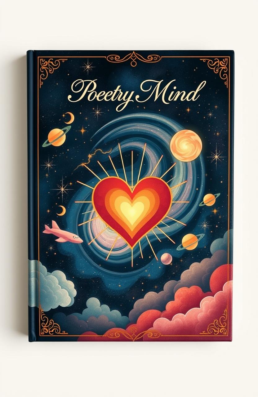 A captivating and artistic poetry book cover that visually represents the themes of heart, mind, world, time, and hope