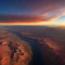 A stunning panorama of Earth with a setting sun, painting the sky and land with fiery hues. The last beams of sunlight cast long shadows, hinting at the transient beauty of our planet.