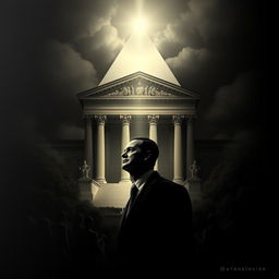 A thought-provoking scene with a triangular composition that integrates a monumental courthouse and the oppressive realities of a father's demands, establishing an atmosphere steeped in dilemma and heartbreak