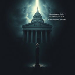A thought-provoking scene with a triangular composition that integrates a monumental courthouse and the oppressive realities of a father's demands, establishing an atmosphere steeped in dilemma and heartbreak