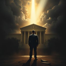 An impactful scene reflecting a triangular composition that includes a grand courthouse and the burdensome nature of a father's demands, fostering a strong atmosphere of dilemma and heartbreak