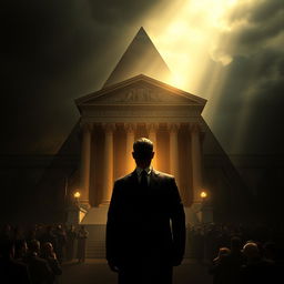 An evocative scene showcasing a triangular composition that integrates a magnificent courthouse alongside the burdens of a father's demands, crafting an atmosphere rich in dilemma and heartbreak
