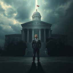 An evocative scene showcasing a triangular composition that integrates a magnificent courthouse alongside the burdens of a father's demands, crafting an atmosphere rich in dilemma and heartbreak