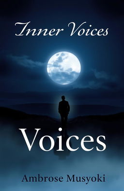 A captivating book cover design for 'The Inner Voices' by Ambrose Musyoki, featuring a silhouette of a man walking away from a striking moon shadow