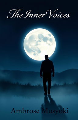 A captivating book cover design for 'The Inner Voices' by Ambrose Musyoki, featuring a silhouette of a man walking away from a striking moon shadow