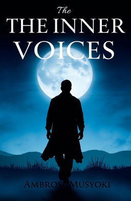 A captivating book cover design for 'The Inner Voices' by Ambrose Musyoki, featuring a silhouette of a man walking away from a striking moon shadow