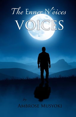 A captivating book cover design for 'The Inner Voices' by Ambrose Musyoki, featuring a silhouette of a man walking away from a striking moon shadow