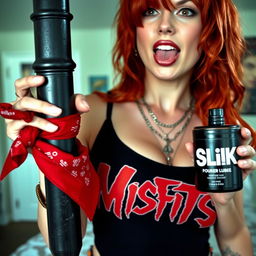A close-up shot of a sexy female redhead with a large chest, wearing a 'Misfits' tank top and punk-style chains