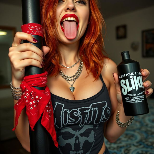 A close-up shot of a sexy female redhead with a large chest, wearing a 'Misfits' tank top and punk-style chains