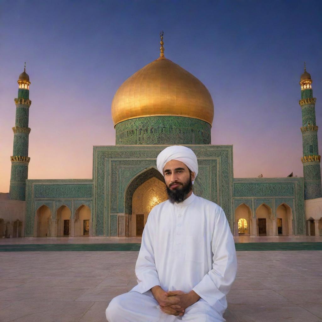 A respectful portrayal of Imam Mahdi, also known as Imam Zaman, with a radiant aura around him, set against a traditional Middle Eastern architectural backdrop under a beautiful twilight sky.