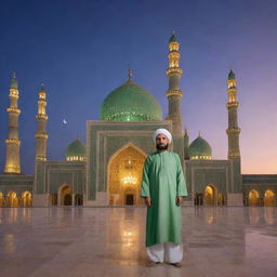 A respectful portrayal of Imam Mahdi, also known as Imam Zaman, with a radiant aura around him, set against a traditional Middle Eastern architectural backdrop under a beautiful twilight sky.