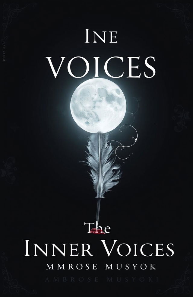 A visually striking book cover for 'The Inner Voices' by Ambrose Musyoki, featuring a full moon casting a silvery glow in a dark, shadowy environment