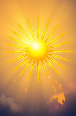 A stunning illustration of a golden eight-ray sun radiating brightly in the center of the image, surrounded by a soft and ethereal background that features the islands of the Philippines subtly faded into the scene