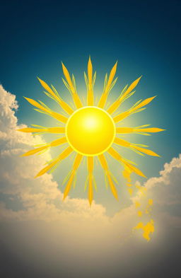 A stunning illustration of a golden eight-ray sun radiating brightly in the center of the image, surrounded by a soft and ethereal background that features the islands of the Philippines subtly faded into the scene