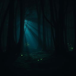 A mysterious, dimly lit forest with eerie shadows creeping across the ground, captured in a full-body front view showcasing the hidden magical beings known as duendes