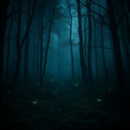 A mysterious, dimly lit forest with eerie shadows creeping across the ground, captured in a full-body front view showcasing the hidden magical beings known as duendes