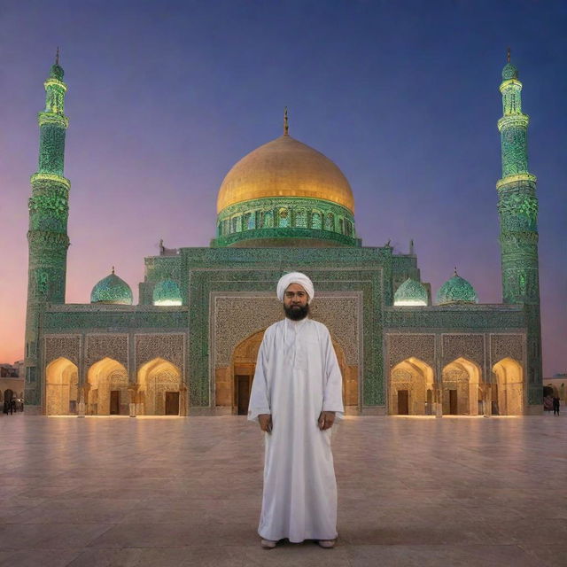 A respectful portrayal of Imam Mahdi, also known as Imam Zaman, with a radiant aura around him, set against a traditional Middle Eastern architectural backdrop under a beautiful twilight sky.