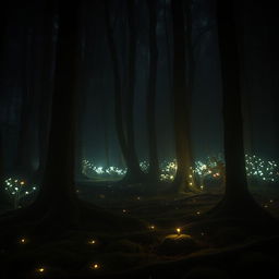 A mysterious, dimly lit forest with eerie shadows creeping across the ground, captured in a full-body front view showcasing the hidden magical beings known as duendes