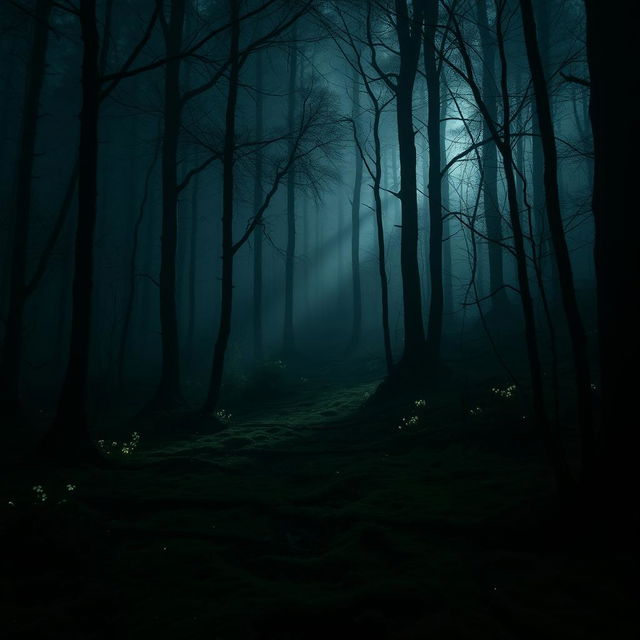 A mysterious, dimly lit forest with eerie shadows creeping across the ground, captured in a full-body front view showcasing the hidden magical beings known as duendes