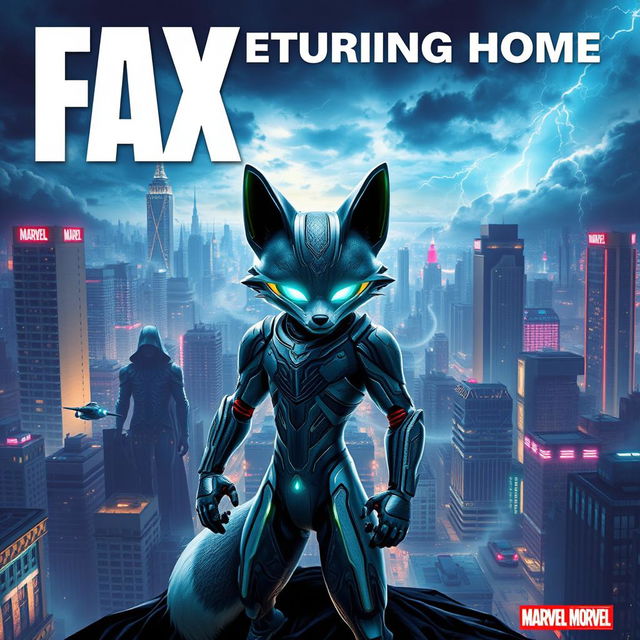 A thrilling Marvel movie poster featuring Fax, a futuristic robotic fox, poised heroically as he returns to a sprawling, neon-lit cityscape