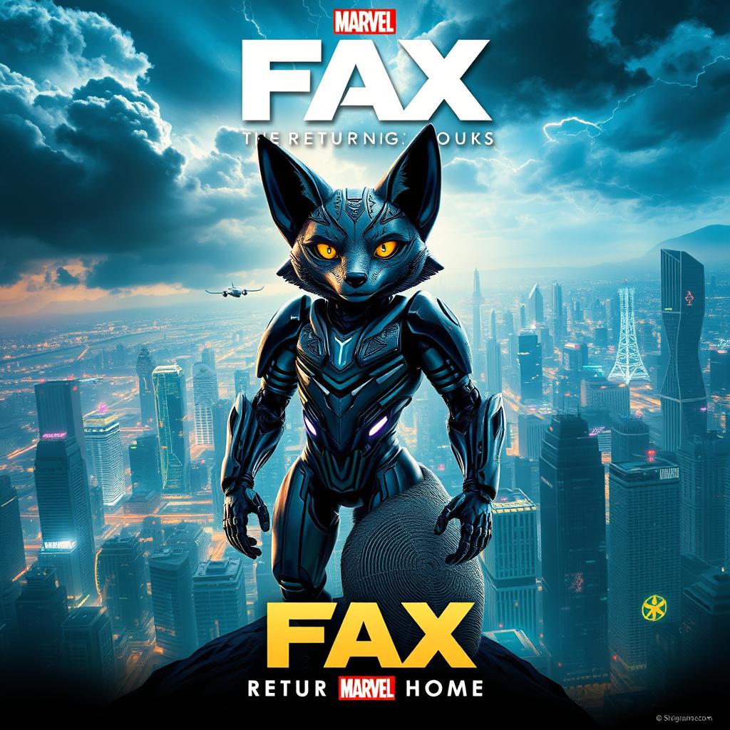 A thrilling Marvel movie poster featuring Fax, a futuristic robotic fox, poised heroically as he returns to a sprawling, neon-lit cityscape