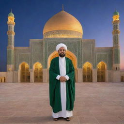 A respectful portrayal of Imam Mahdi, also known as Imam Zaman, with a radiant aura around him, set against a traditional Middle Eastern architectural backdrop under a beautiful twilight sky.