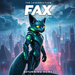 A thrilling Marvel movie poster featuring Fax, a futuristic robotic fox, poised heroically as he returns to a sprawling, neon-lit cityscape