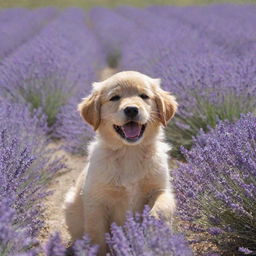 A golden retriever puppy cheerfully playing in a field of blooming lavender under a bright blue sky.