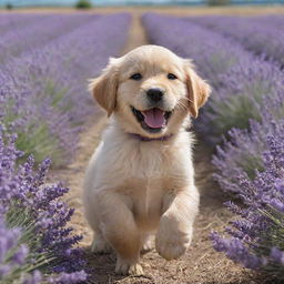 A golden retriever puppy cheerfully playing in a field of blooming lavender under a bright blue sky.