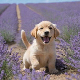 A golden retriever puppy cheerfully playing in a field of blooming lavender under a bright blue sky.