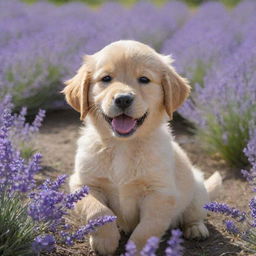 A golden retriever puppy cheerfully playing in a field of blooming lavender under a bright blue sky.