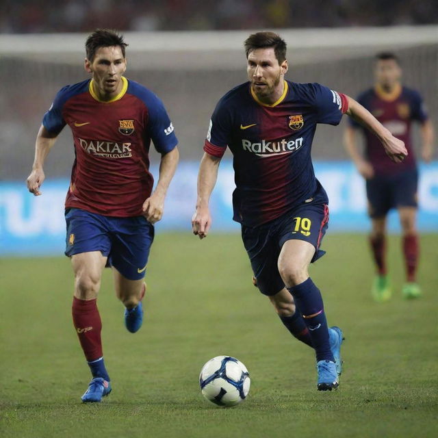 Lionel Messi, in his signature FC Barcelona kit, skillfully dribbling past an attempting tackle from Ali Daei, set against a roaring stadium backdrop.