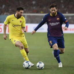 Lionel Messi, in his signature FC Barcelona kit, skillfully dribbling past an attempting tackle from Ali Daei, set against a roaring stadium backdrop.