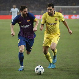 Lionel Messi, in his signature FC Barcelona kit, skillfully dribbling past an attempting tackle from Ali Daei, set against a roaring stadium backdrop.