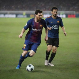 Lionel Messi, in his signature FC Barcelona kit, skillfully dribbling past an attempting tackle from Ali Daei, set against a roaring stadium backdrop.