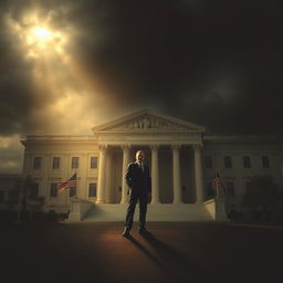 A poignant composition highlighting a grand courthouse intertwined with the weight of a father's demands, creating an atmosphere imbued with dilemma and heartbreak