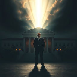 A poignant composition highlighting a grand courthouse intertwined with the weight of a father's demands, creating an atmosphere imbued with dilemma and heartbreak